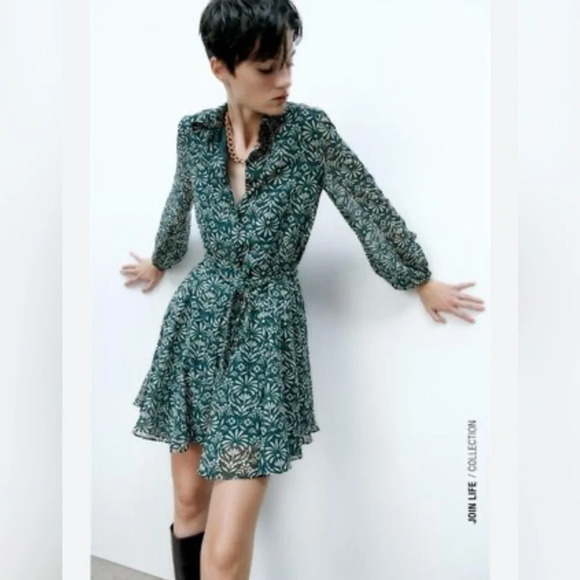 NWT Zara Green Printed Button Down Dress Braided Self Belt Elastic Sleeves LARGE - Picture 2 of 15